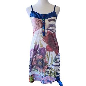 Desigual Y2K Floral Stripe Satin Trim Button Blue Mini Dress Small Glam Festival